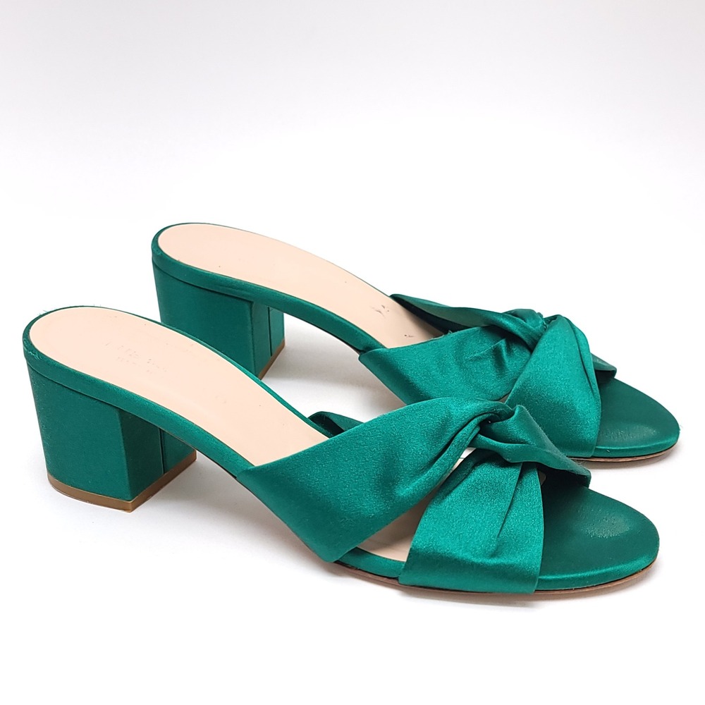 Club Monaco‎ Emerald Green Satin Knot Block Heel Slide Sandals Made in Italy 40